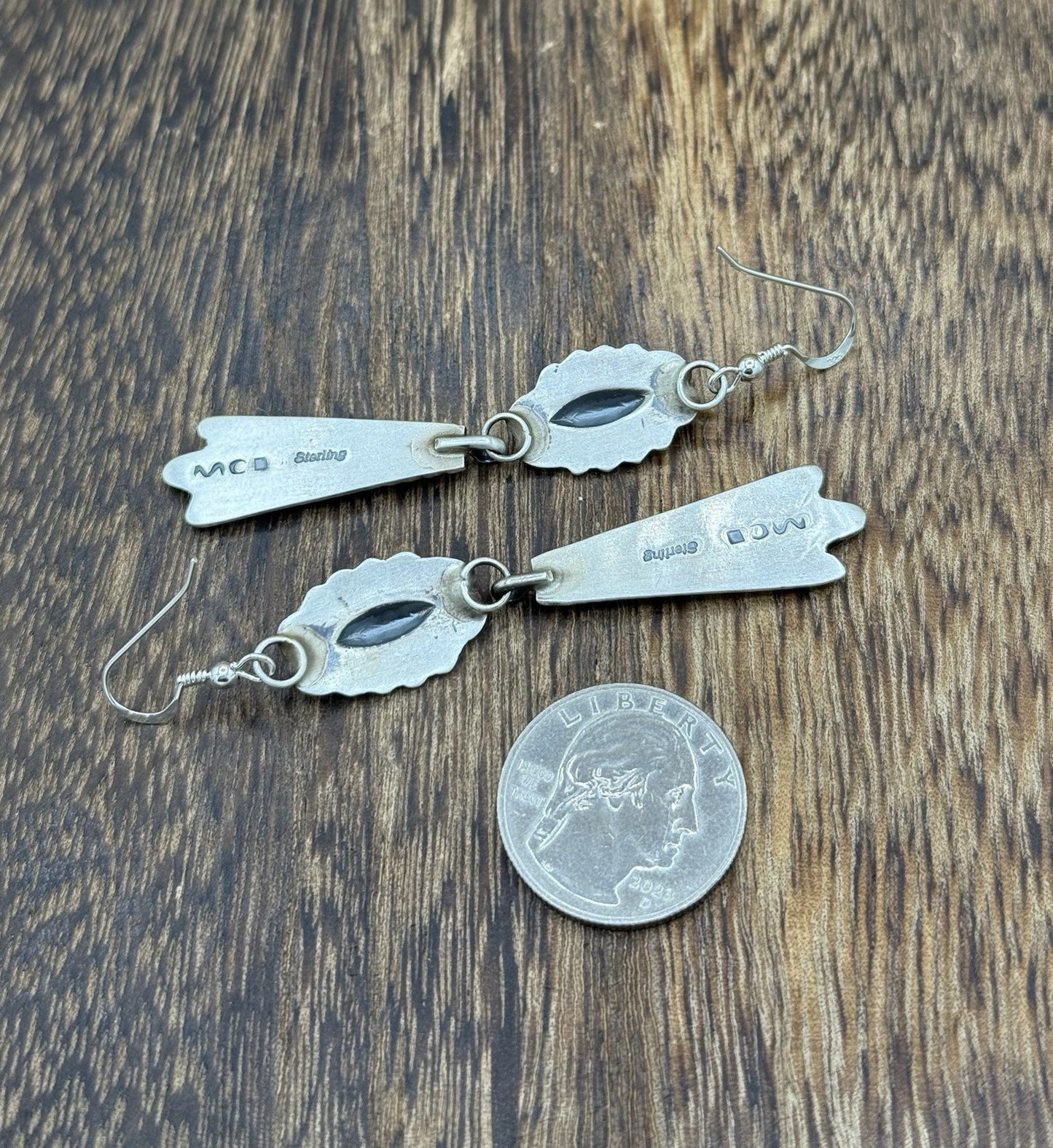 Navajo Handmade Sterling Silver Old Look Stamped Concho Design Dangle Earrings