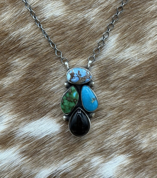 Navajo Handmade Sterling Silver Multicolor Turquoise Cluster Bar Necklace 18”