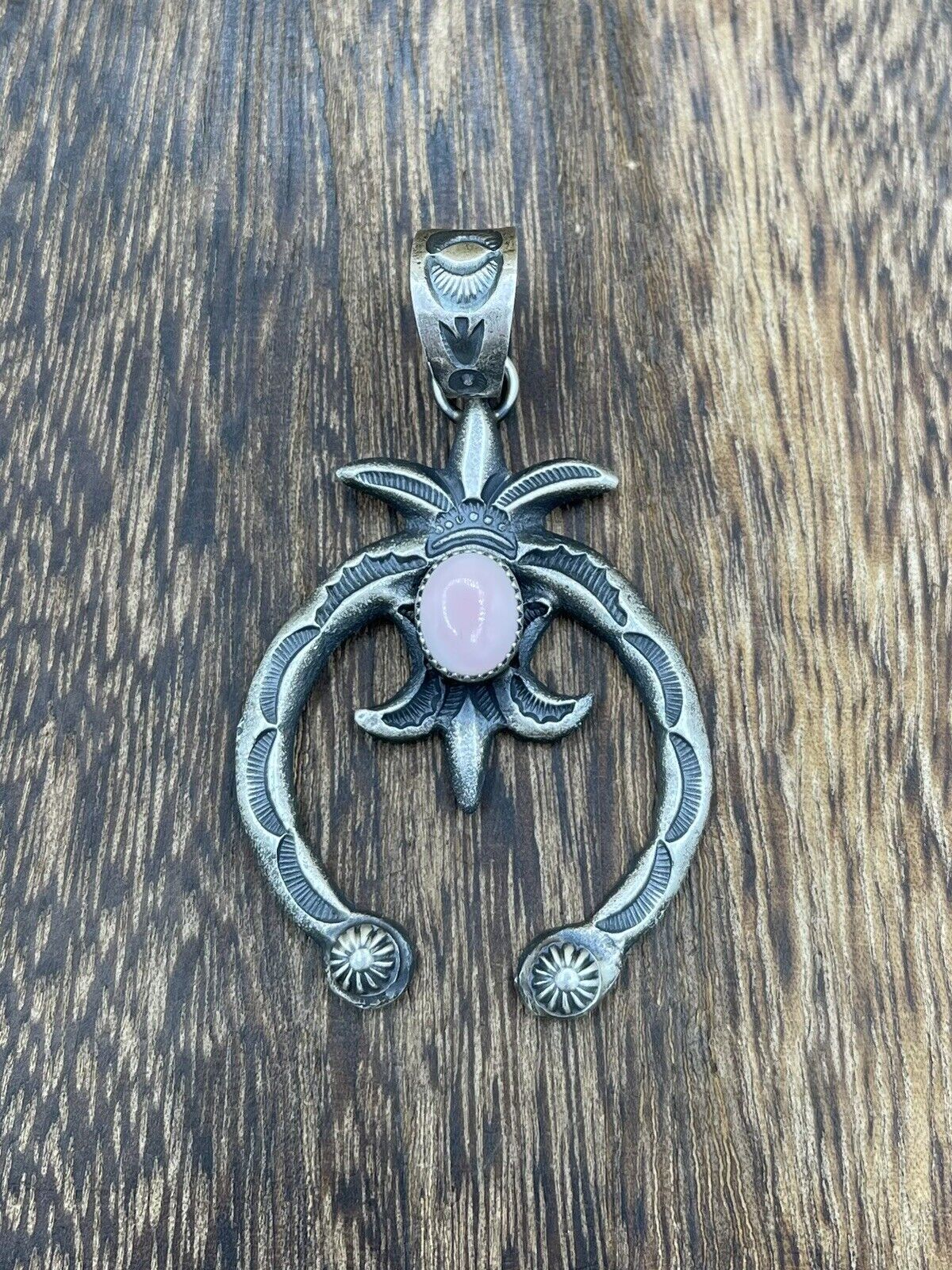 Native American Indian Navajo Handmade Silver Old Look Pink Concho Naja Pendant