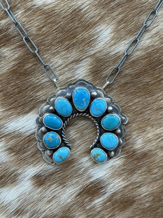 Navajo Handmade Sterling Silver Kingman Turquoise Stamped Naja Bar Necklace 18”