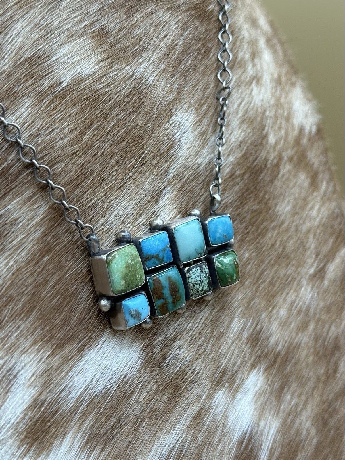 Navajo Handmade Sterling Silver Mixed Stone Turquoise Cluster Bar Necklace 18”