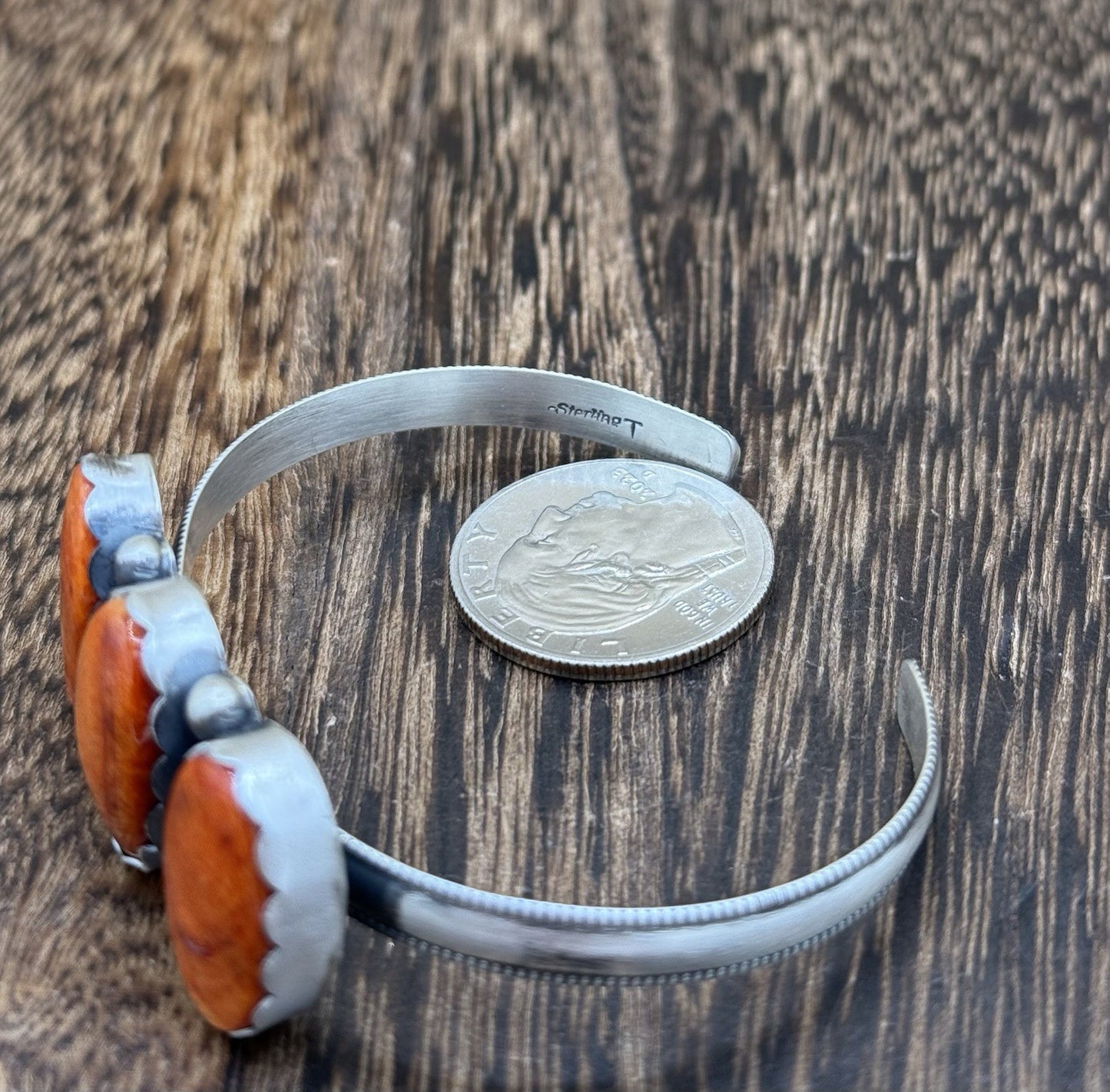 Navajo Handmade Sterling Silver Orange Spiny Oyster Shell Stacker Cuff Bracelet