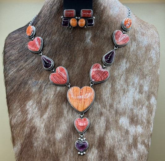 Navajo Handmade Sterling Silver Multi Spiny Oyster Shell Cluster Lariat Necklace