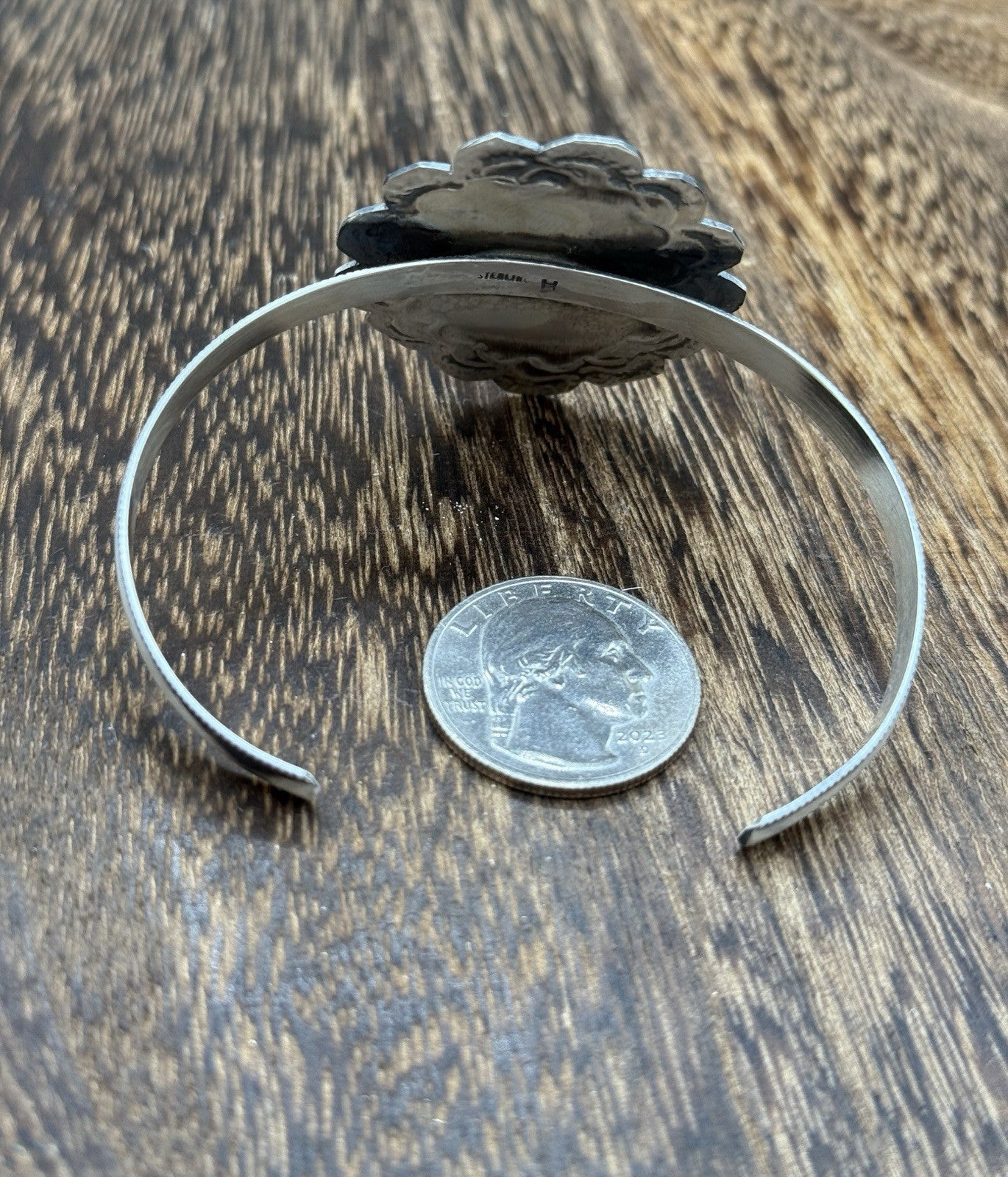 Native Navajo Handmade Sterling Silver Kingman Turquoise Cuff Stamped Bracelet