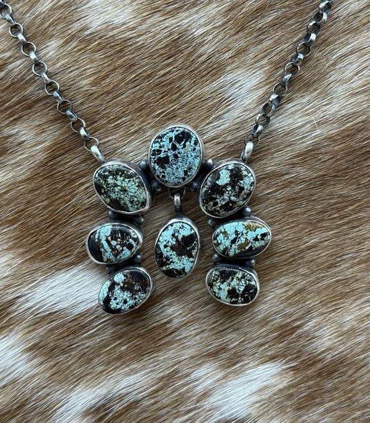 Navajo Handmade Sterling Silver Blackjack Turquoise Cluster Naja Necklace 18”