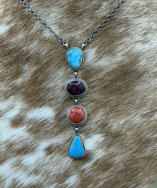 Navajo Handmade Sterling Silver Multi Color Mixed Stone Lariat Necklace 18”