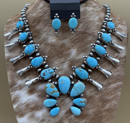 Navajo Handmade Sterling Silver Kingman Turquoise Squash Blossom Necklace 20”
