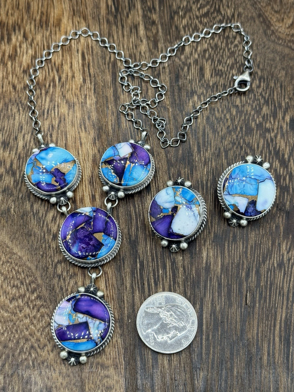 Navajo Handmade Sterling Silver Violet Dahlia Rose Lariat Necklace Set 18”