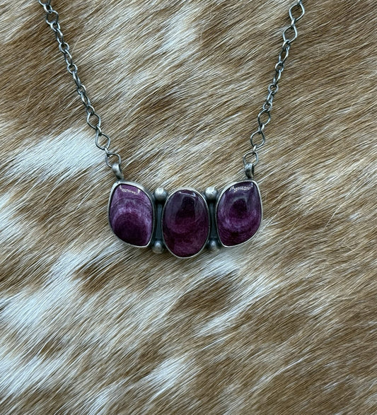 Navajo Handmade Sterling Silver Purple Spiny Oyster Cluster Bar Necklace 18”