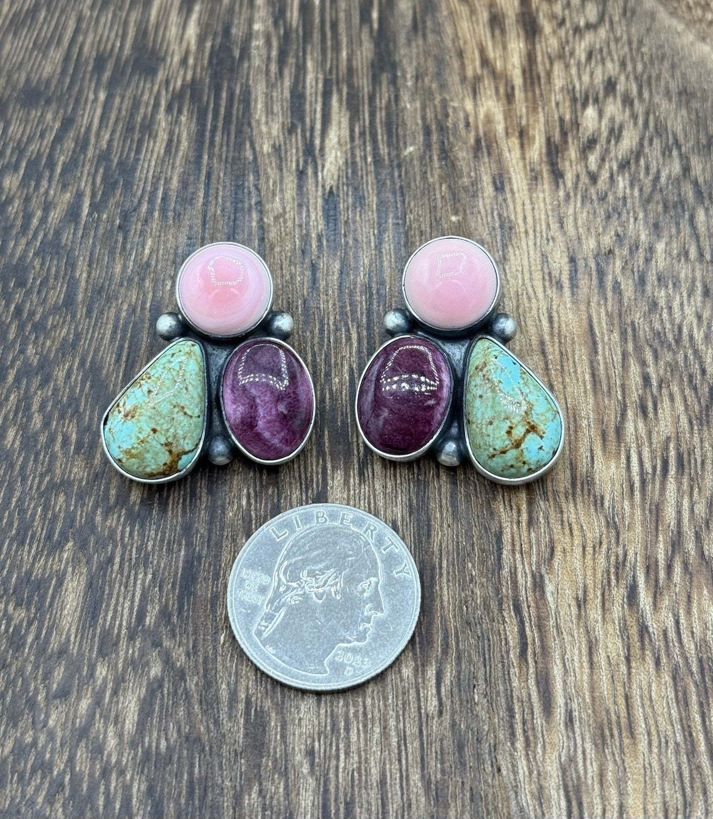 Navajo Handmade Sterling Silver Multi Color Turquoise Spiny Cluster Earrings