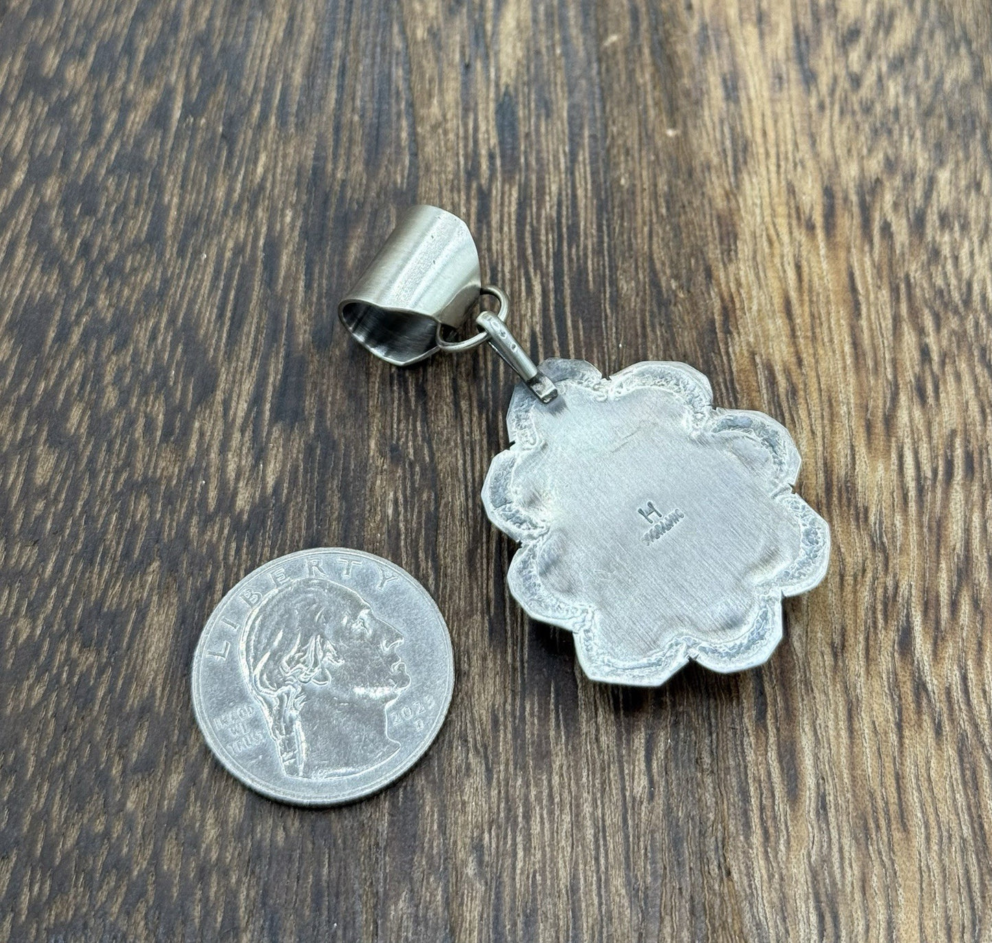 Navajo Handmade Sterling Silver Blue Bird Turquoise Stamped Design Drop Pendant