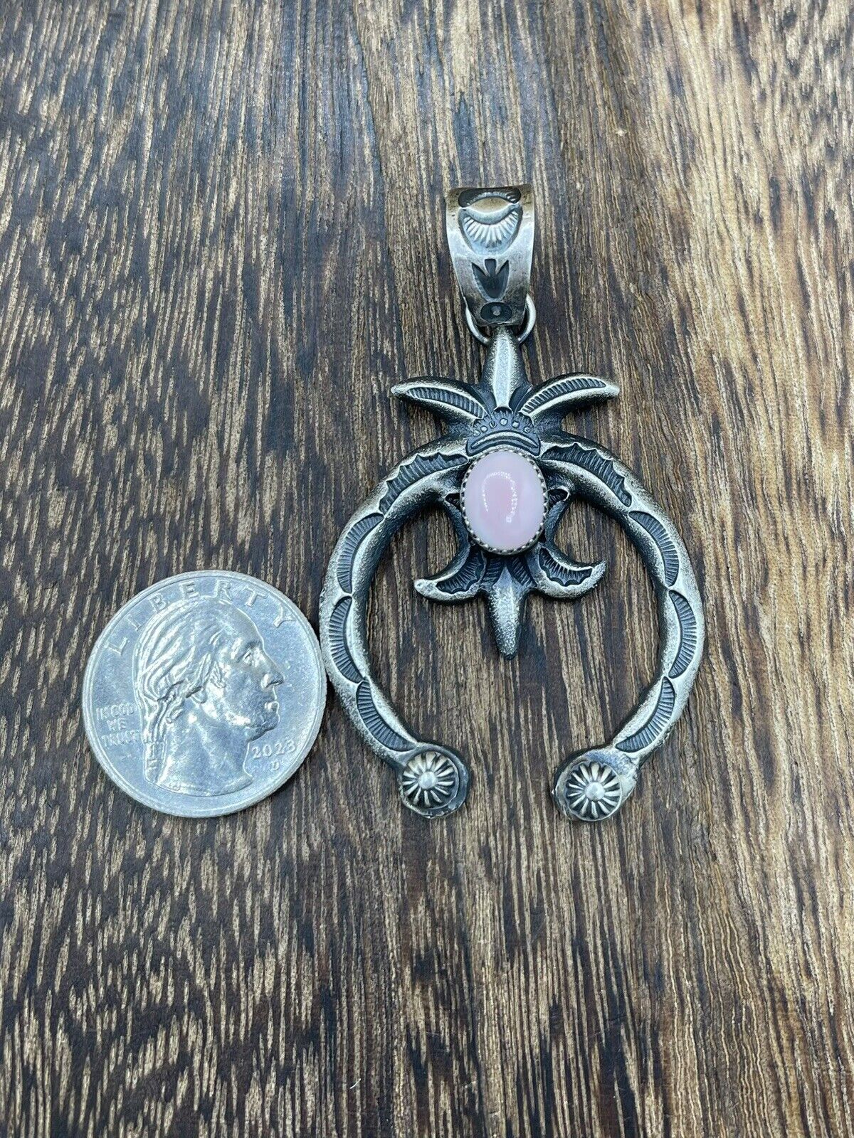 Native American Indian Navajo Handmade Silver Old Look Pink Concho Naja Pendant