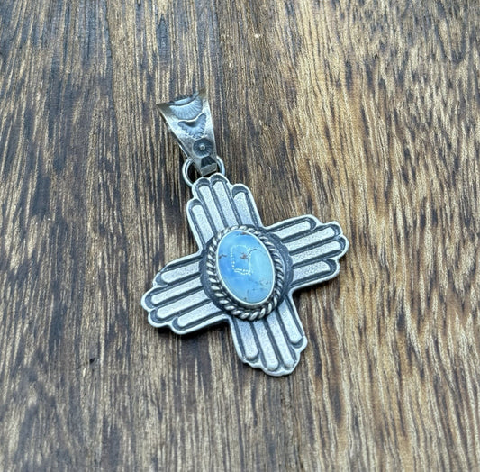 Navajo Handmade Sterling Silver Old Look Golden Hills Turquoise Zia Pendant