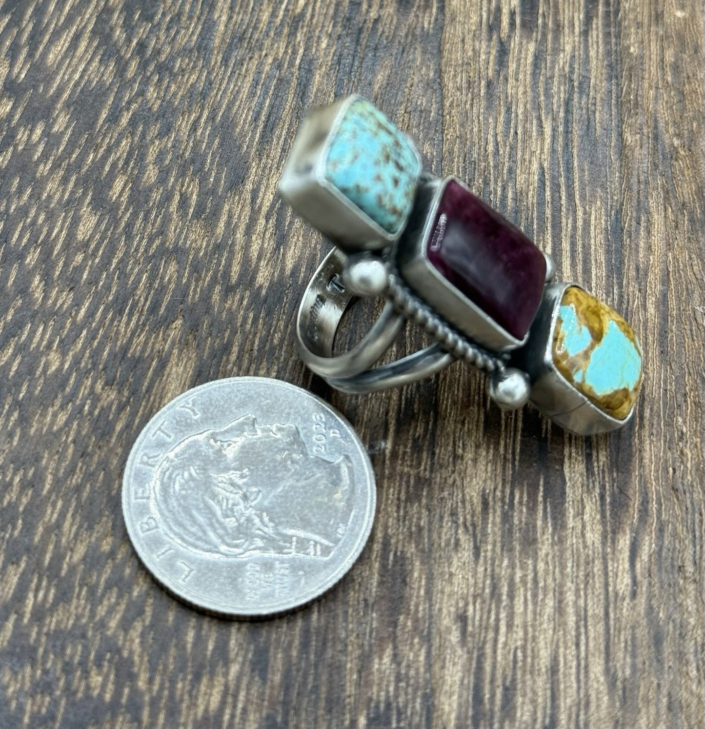 Native Navajo Handmade Sterling Silver Mixed Stone Turquoise Cluster Ring Size 7