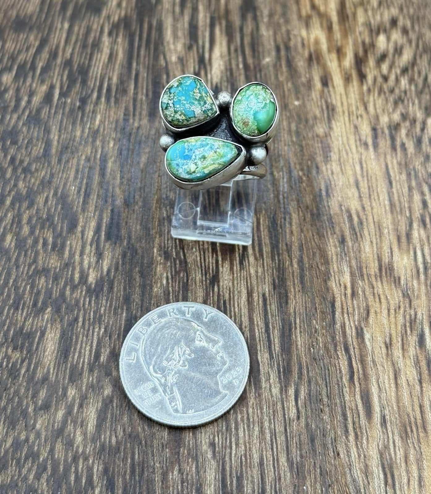 Navajo Handmade Sterling Silver Sonoran Gold Turquoise Cluster Ring Size 7