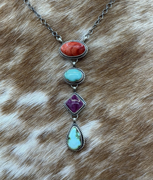 Navajo Handmade Sterling Silver Multi Color Mixed Stone Lariat Necklace 18”