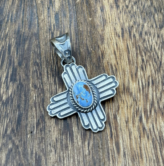 Navajo Handmade Sterling Silver Old Look Golden Hills Turquoise Zia Pendant