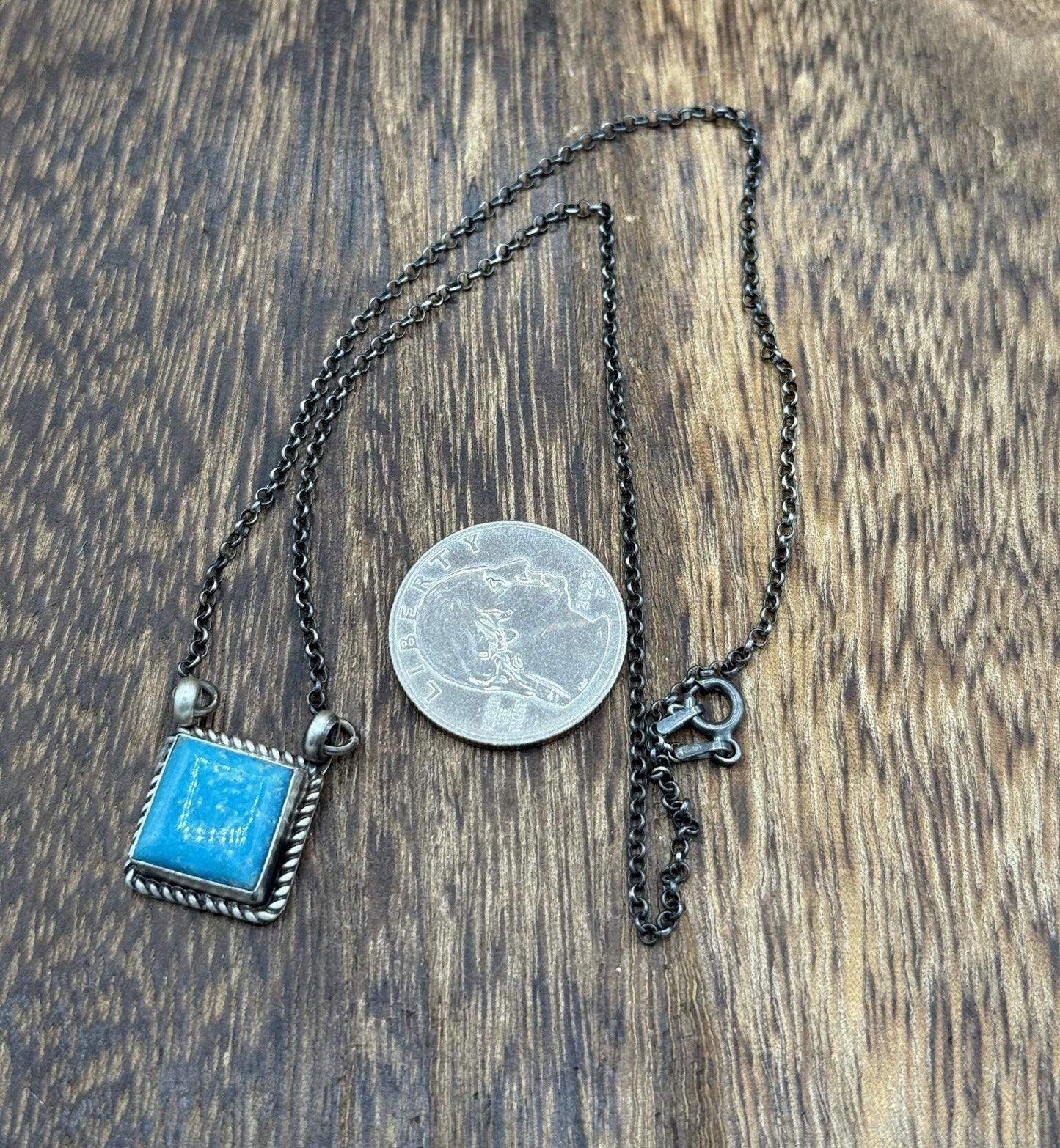 Native Navajo Handmade Silver Kingman Turquoise Cluster Bar Necklace 16”