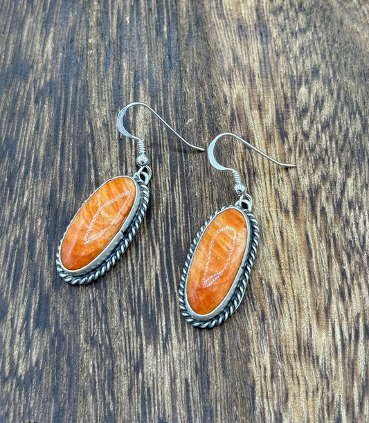 Native Navajo Handmade Sterling Silver Orange Spiny Oyster Shell Dangle Earrings
