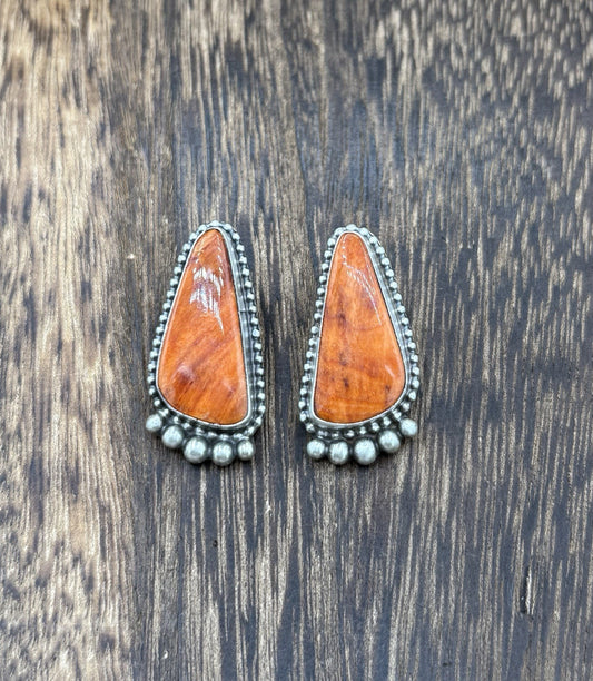 Native Navajo Handmade Sterling Silver Orange Spiny Oyster Post Stud Earrings