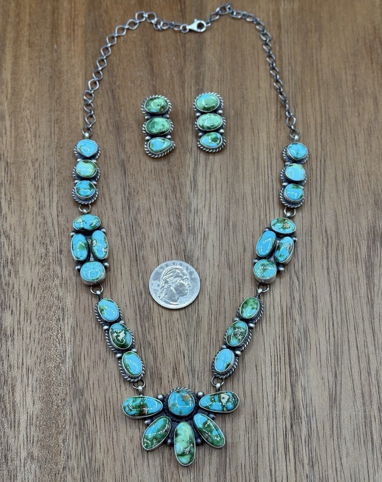 Navajo Handmade Sterling Silver Sonoran Gold Turquoise Cluster Necklace Set 20”