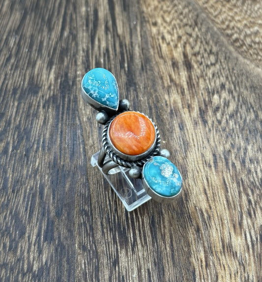 Native Navajo Handmade Sterling Silver Mixed Stone Turquoise Cluster Ring Size 8