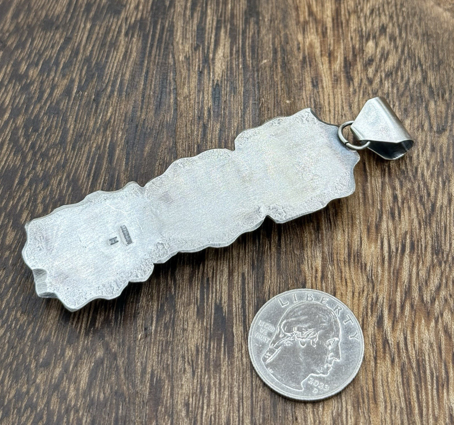 Navajo Handmade Sterling Silver Spiny Oyster Shell Stamped Drop Pendant