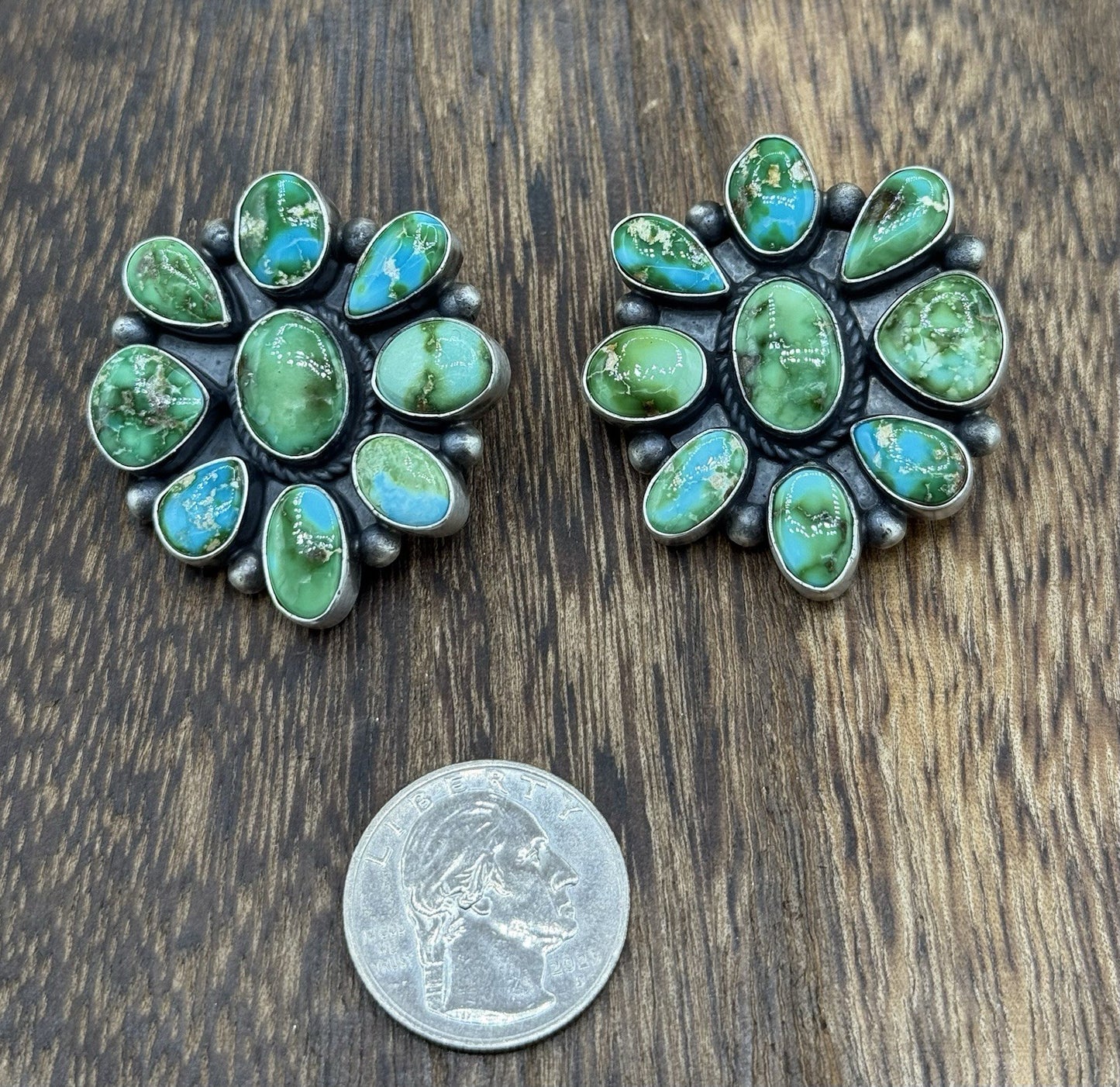 Navajo Handmade Sterling Silver Sonoran Gold Turquoise Cluster Post Earrings
