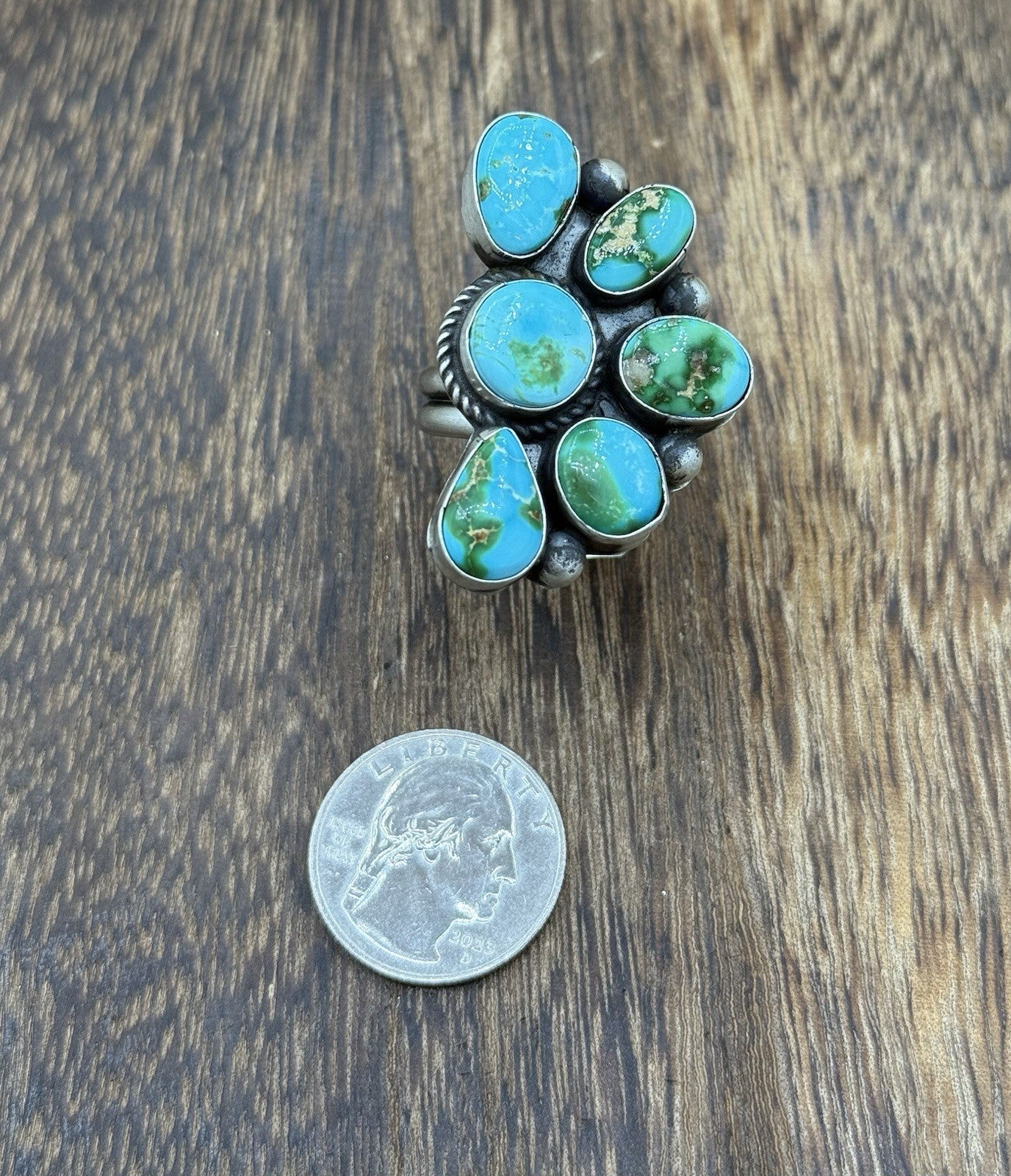 Navajo Handmade Sterling Silver Sonoran Gold Turquoise Half Cluster Ring Size 8