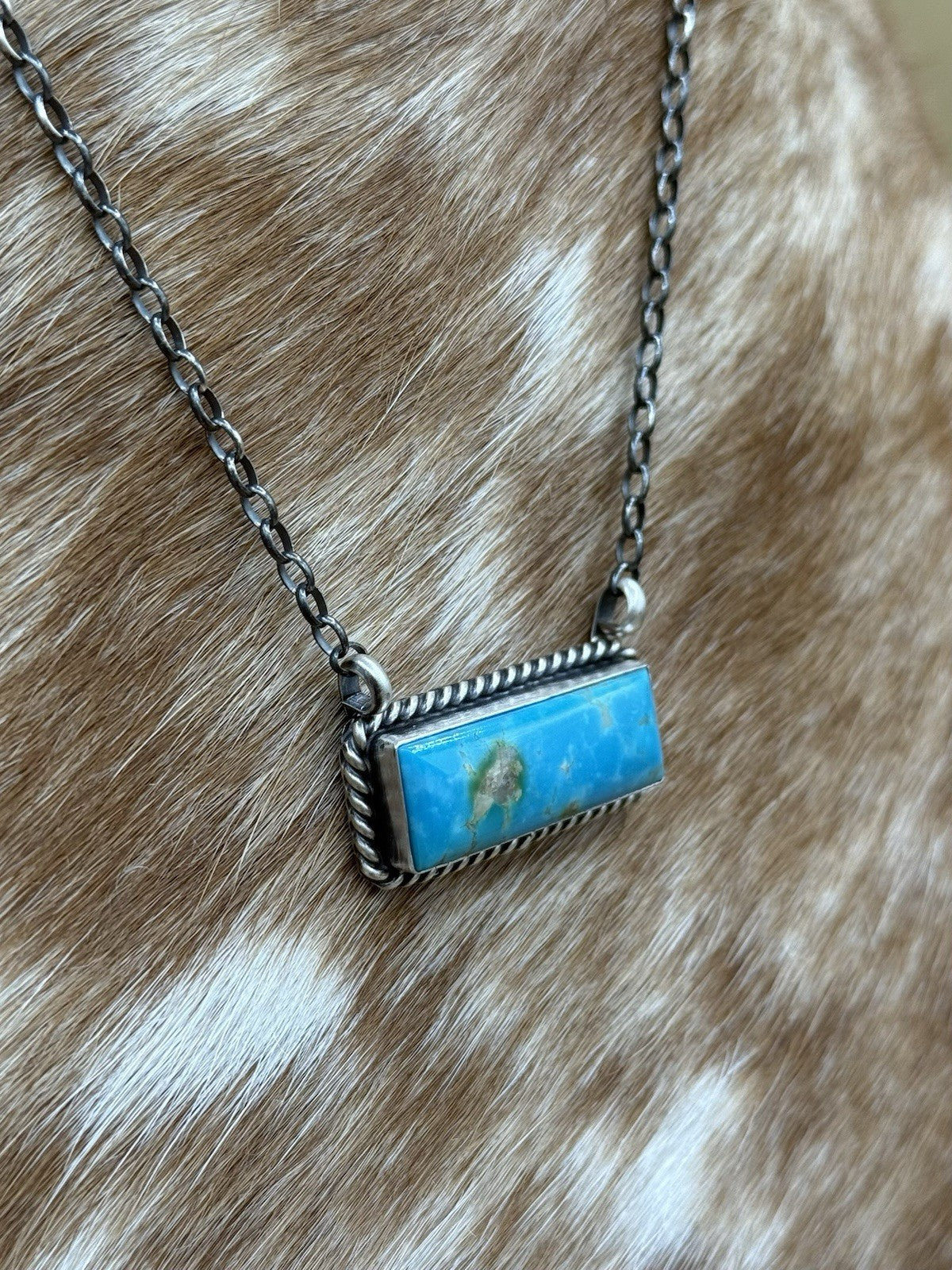 Navajo Handmade Sterling Silver Kingman Turquoise Bar Necklace 16” Augustine L.