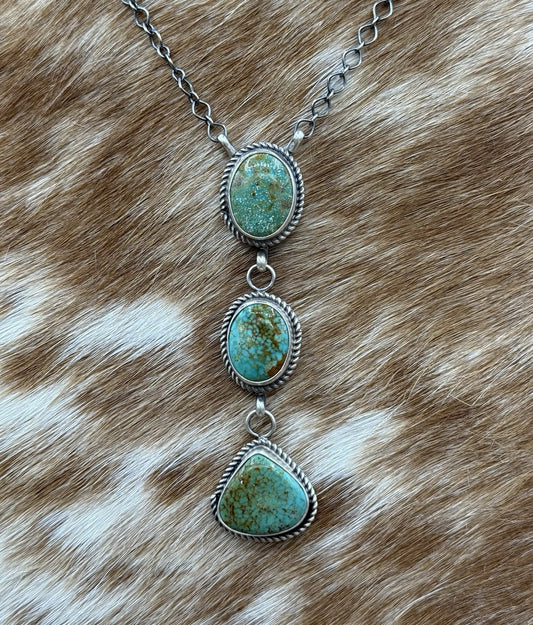 Native Navajo Handmade Sterling Silver Kingman Turquoise Lariat Necklace 18”