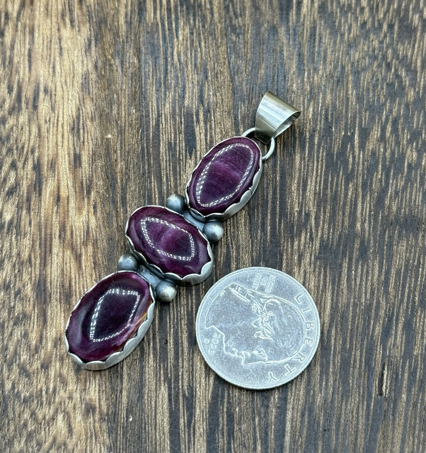 Navajo Handmade Sterling Silver Purple Spiny Oyster Cluster Drop Pendant