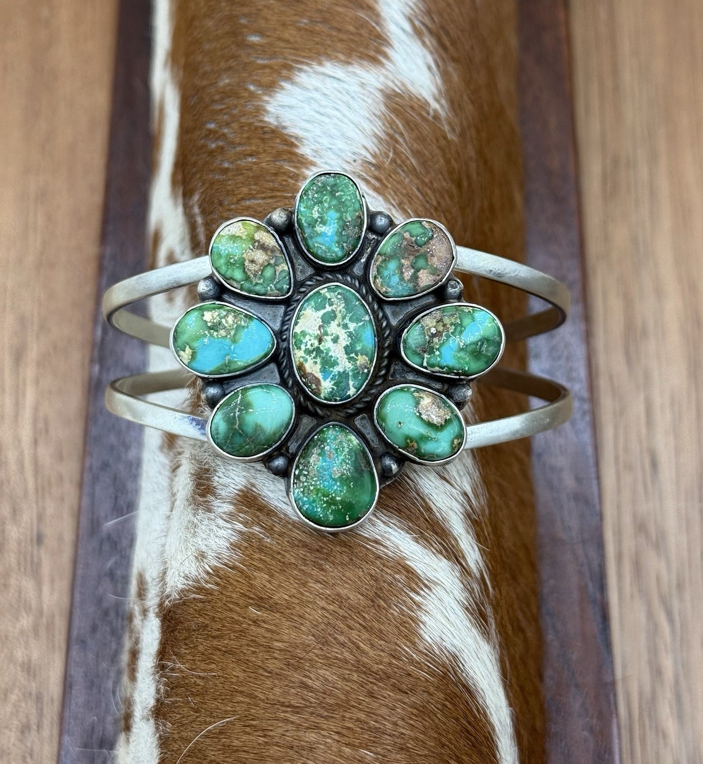 Navajo Handmade Sterling Silver Sonoran Gold Turquoise Cluster Cuff Bracelet