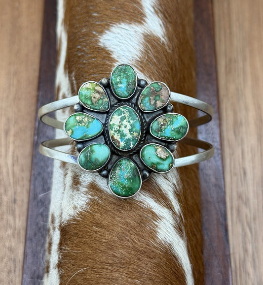 Navajo Handmade Sterling Silver Sonoran Gold Turquoise Cluster Cuff Bracelet