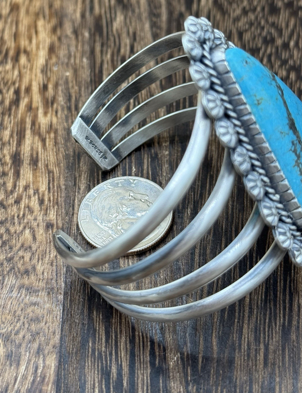 Native Navajo Handmade Sterling Silver Kingman Turquoise Old Look Cuff Bracelet