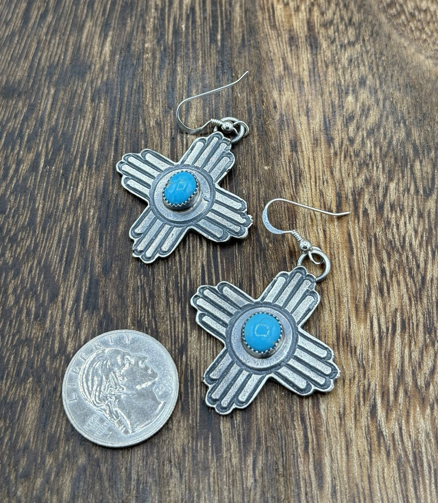 Navajo Handmade Sterling Silver Zia Kingman Turquoise Earrings Kevin Billah