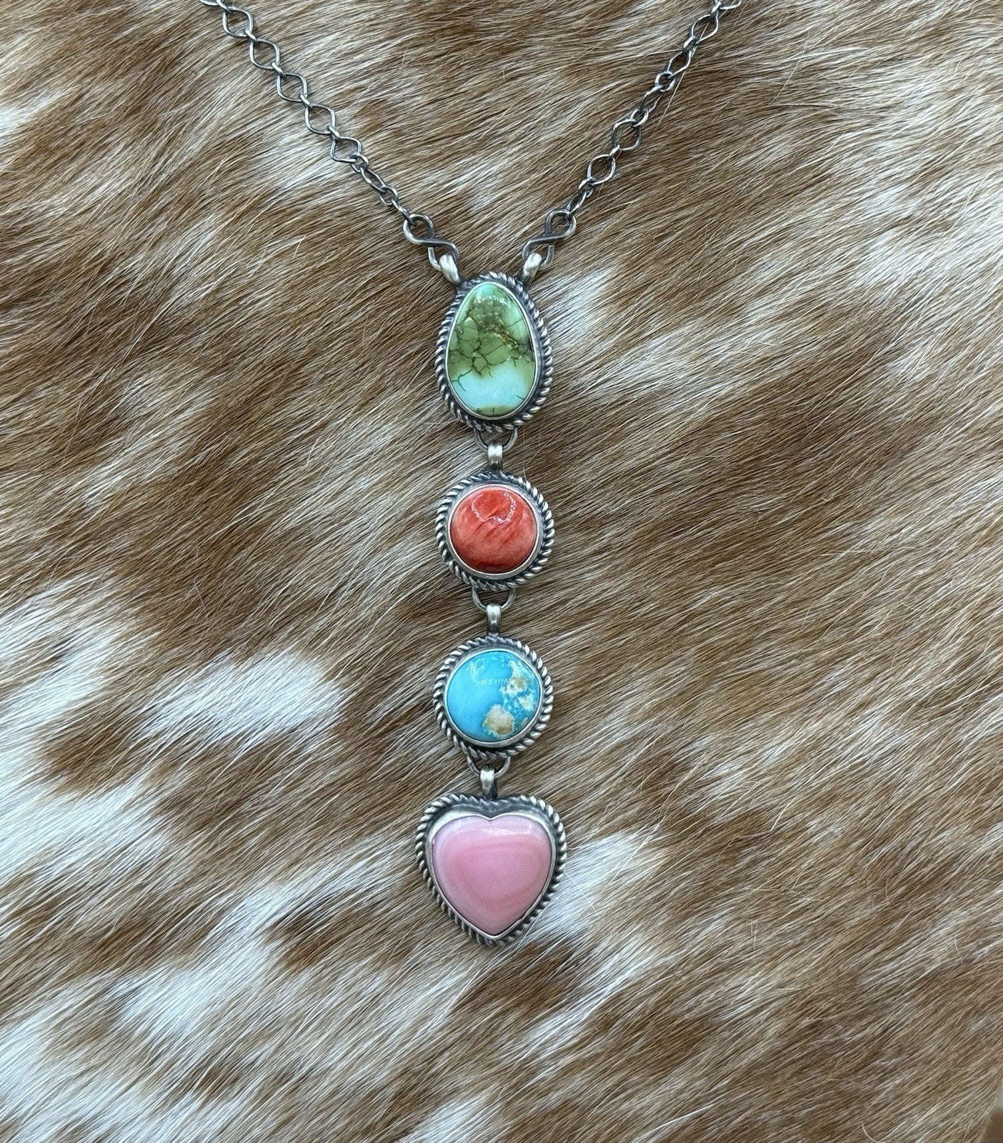 Navajo Handmade Sterling Silver Multi Color Mixed Stone Lariat Necklace 18”