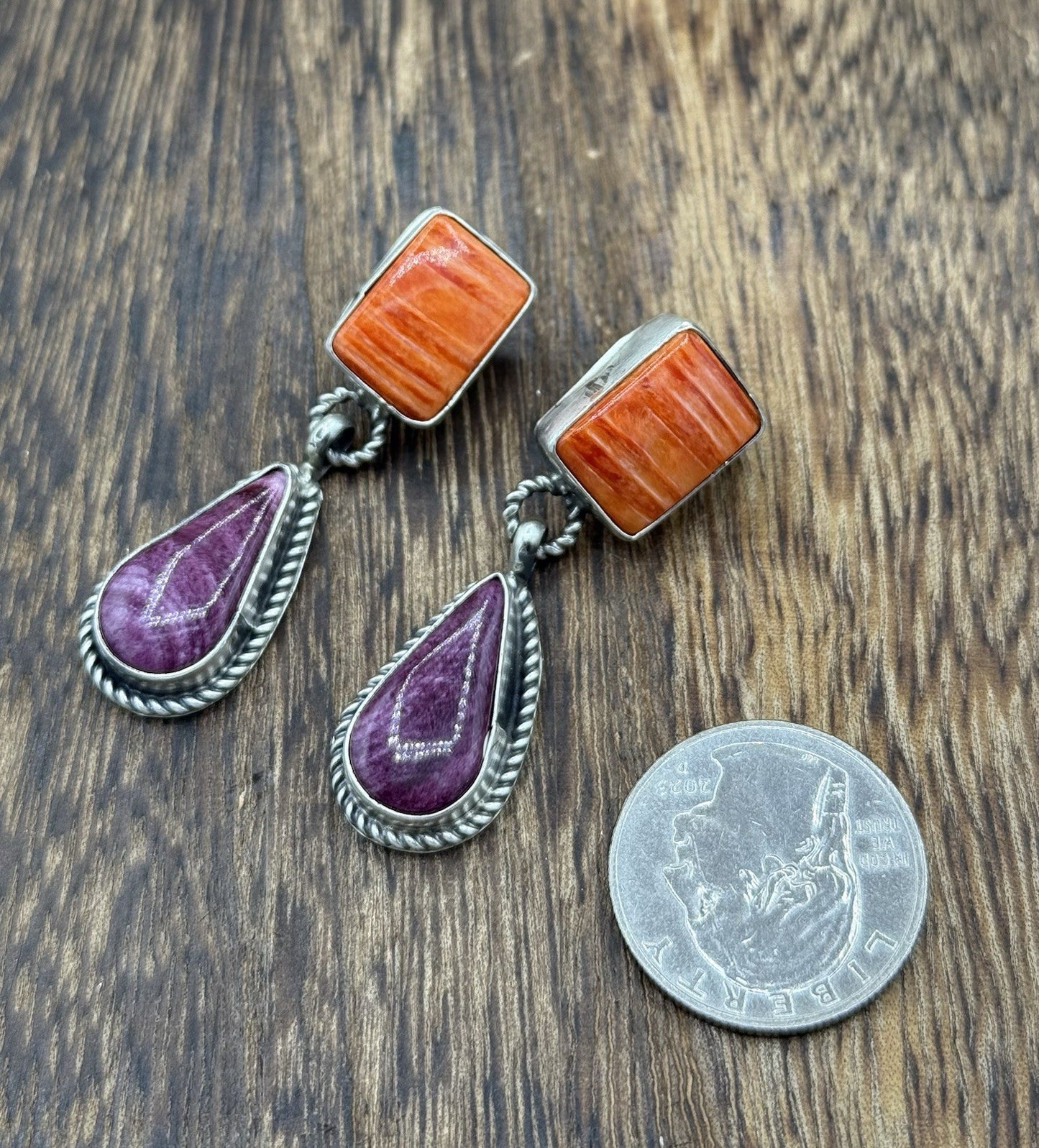 Navajo Handmade Sterling Silver Mixed Spiny Oyster Shell Post Dangle Earrings