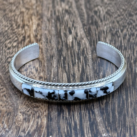Navajo Handmade Sterling Silver White Buffalo Inlay Cuff Bracelet Francis Yazzie