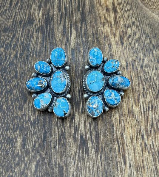Navajo Handmade Sterling Silver Blue Ridge Turquoise Half Cluster Large Earrings