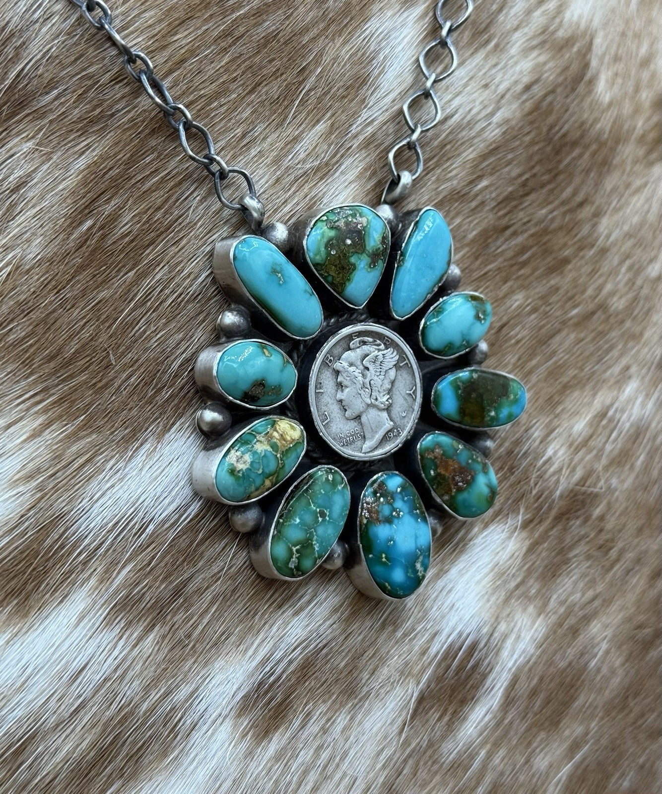 Navajo Handmade Silver Sonoran Gold Turquoise Liberty Coin Cluster Necklace 18”
