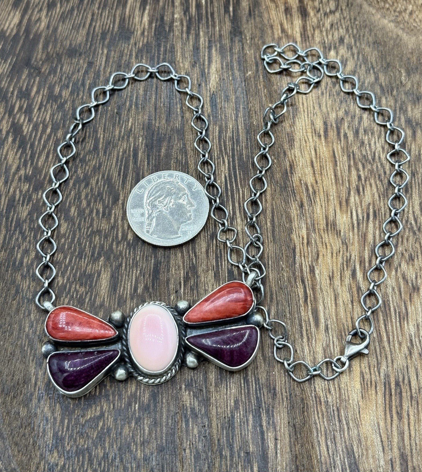 Navajo Handmade Sterling Silver Multi Stone Color Cluster Bar Necklace 18”