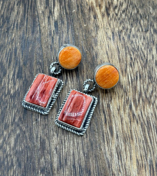 Navajo Handmade Sterling Silver Mixed Spiny Oyster Shell Post Dangle Earrings