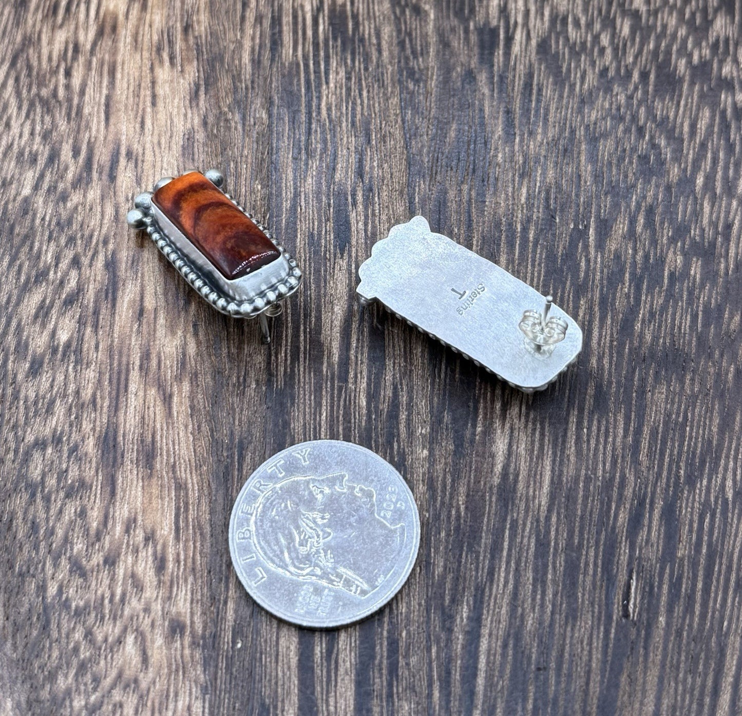 Native Navajo Handmade Sterling Silver Orange Spiny Oyster Post Stud Earrings