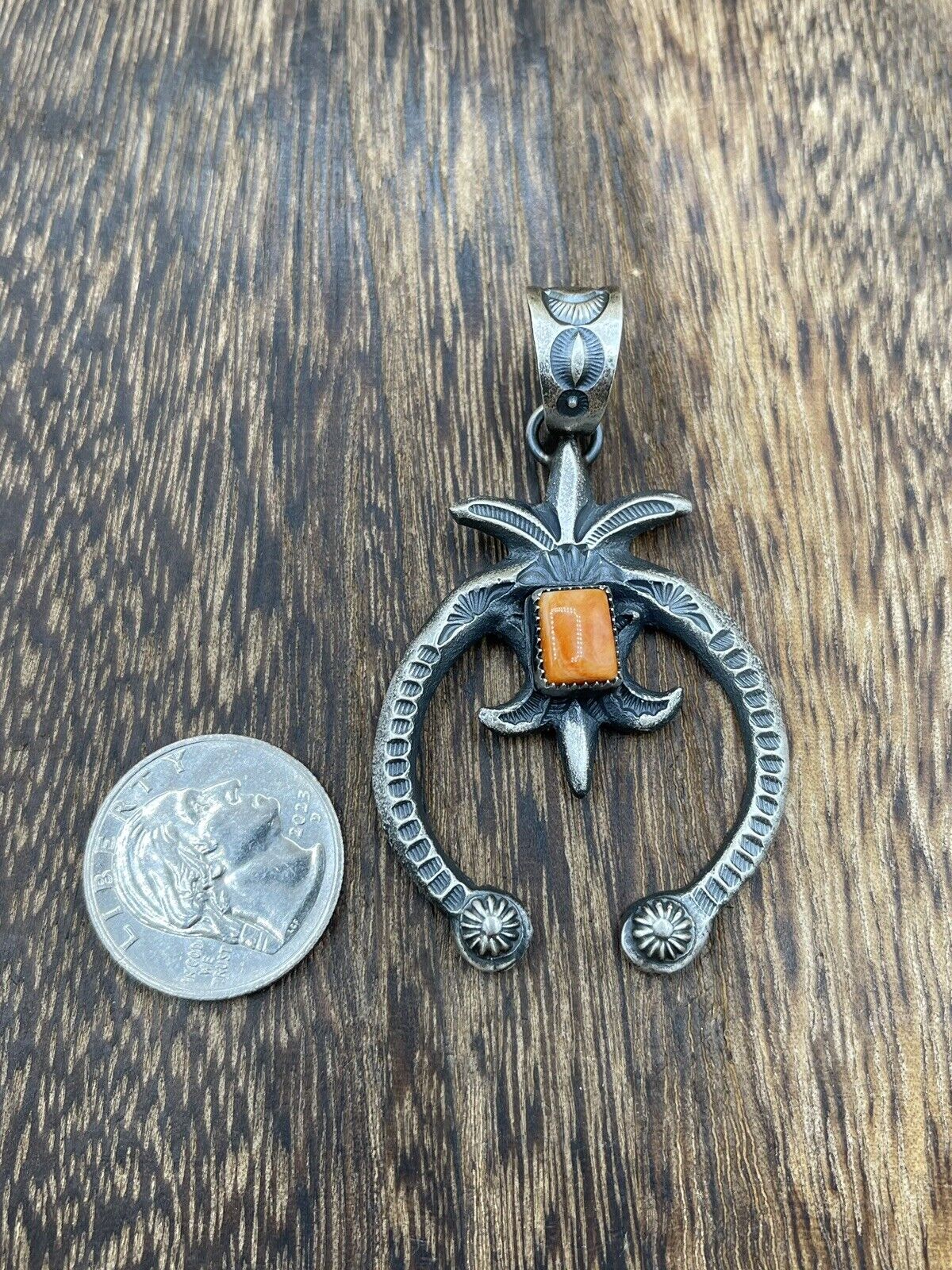 Native American Indian Navajo Handmade Silver Old Look Spiny Oyster Naja Pendant