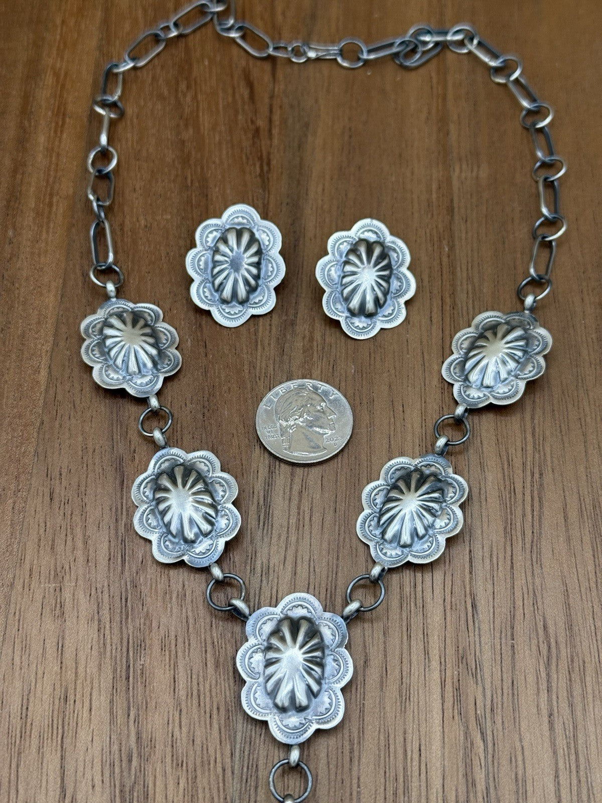 Navajo Handmade Sterling Silver Stamped Concho Old Look Lariat Necklace Set 24”