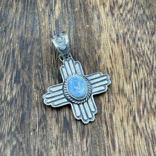 Navajo Handmade Sterling Silver Old Look Golden Hills Turquoise Zia Pendant