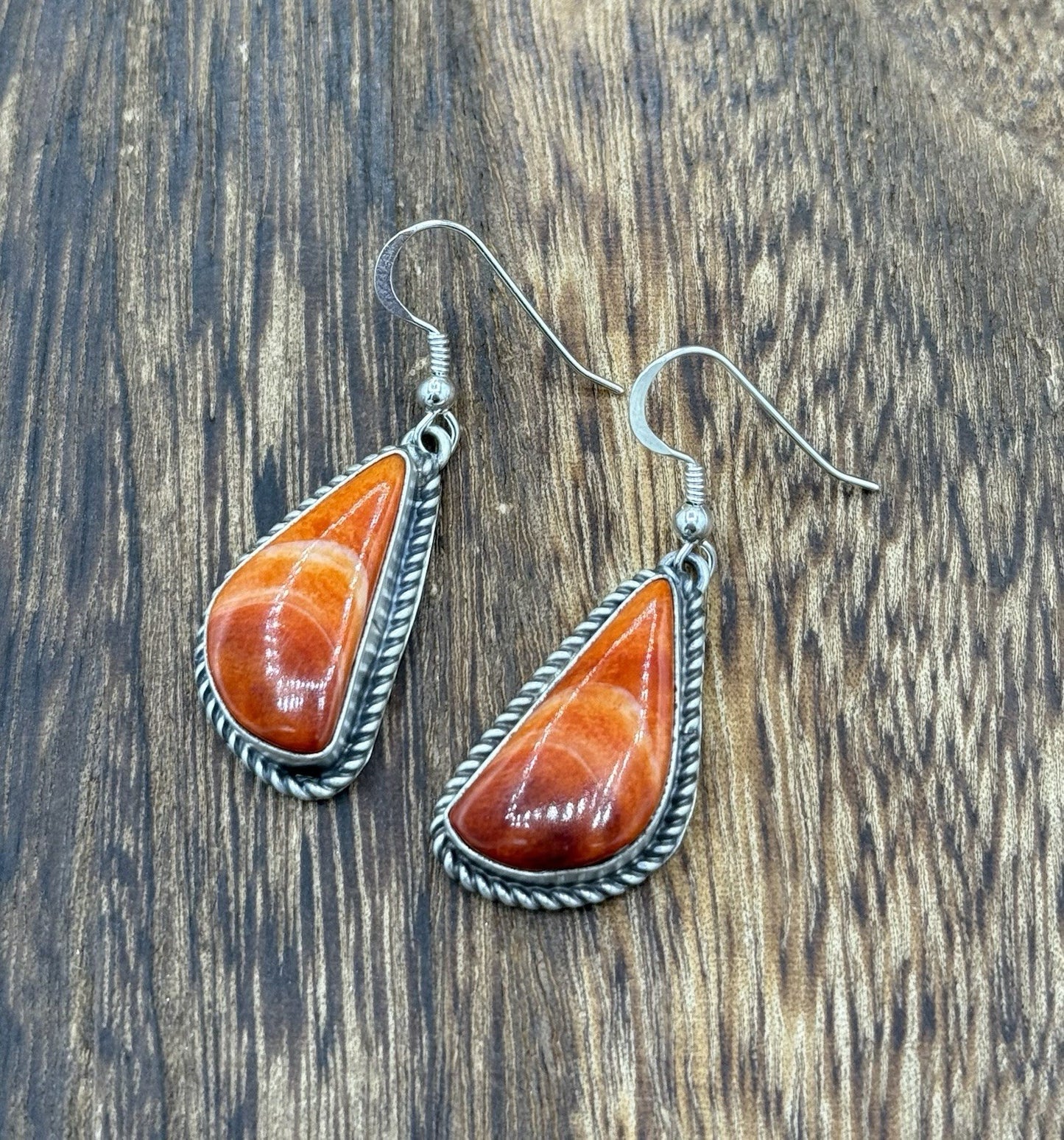 Native Navajo Handmade Sterling Silver Orange Spiny Oyster Shell Dangle Earrings
