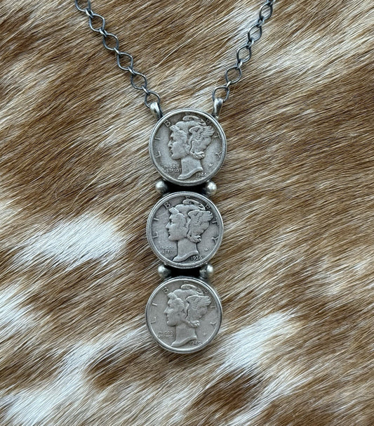 Navajo Handmade Sterling Silver Liberty Dime Cluster Bar Lariat Necklace 18”