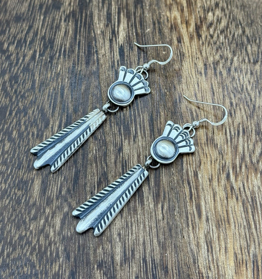 Navajo Handmade Sterling Silver Old Look Stamped Concho Design Dangle Earrings